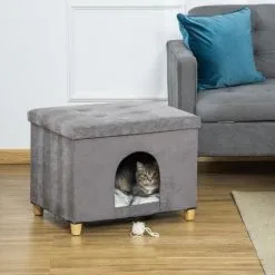 PawHut Niche Chat Maison De Chat Sur Pied Repose-pied 2 En 1 - Coussin Inclus - Pliable - MDF Peluche Suédé Gris 8 PawHut Niche Chat Maison De Chat Sur Pied Repose-pied 2 En 1 - Coussin Inclus - Pliable - MDF Peluche Suédé Gris -PawHut Soldes Boutique 53592005 4
