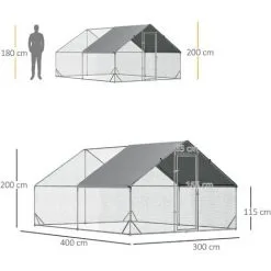 PawHut Enclos Poulailler Chenil 12 M² - Parc Grillagé Dim. 4L X 3l X 2H M - Espace Couvert - Acier Galvanisé -PawHut Soldes Boutique 54021112 3
