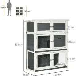 PawHut Clapier Cage à Lapin - 2 étages + Niveau De Rangement, Plateau Déjection Coulissant, Rampe - Bois Sapin Gris Blanc - Gris -PawHut Soldes Boutique 54128099 3