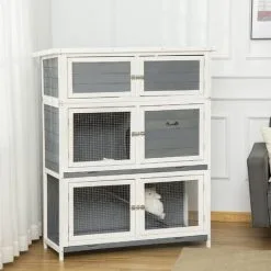 PawHut Clapier Cage à Lapin - 2 étages + Niveau De Rangement, Plateau Déjection Coulissant, Rampe - Bois Sapin Gris Blanc - Gris -PawHut Soldes Boutique 54128099 4