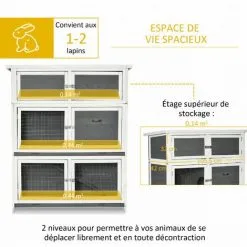 PawHut Clapier Cage à Lapin - 2 étages + Niveau De Rangement, Plateau Déjection Coulissant, Rampe - Bois Sapin Gris Blanc - Gris -PawHut Soldes Boutique 54128099 5