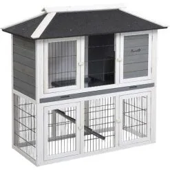 PawHut Clapier Cage à Lapin 2 étages 4 Portes Verrouillables Plateau Coulissant Rampe - Dim. 117L X 62,5l X 115H Cm - Bois De Sapin Gris Blanc - Gris
