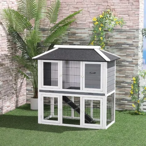 PawHut Clapier Cage à Lapin 2 étages 4 Portes Verrouillables Plateau Coulissant Rampe - Dim. 117L X 62,5l X 115H Cm - Bois De Sapin Gris Blanc - Gris 2 PawHut Clapier Cage à Lapin 2 étages 4 Portes Verrouillables Plateau Coulissant Rampe - Dim. 117L X 62,5l X 115H Cm - Bois De Sapin Gris Blanc - Gris – Image 2