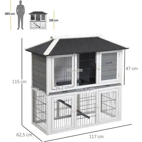 PawHut Clapier Cage à Lapin 2 étages 4 Portes Verrouillables Plateau Coulissant Rampe - Dim. 117L X 62,5l X 115H Cm - Bois De Sapin Gris Blanc - Gris 3 PawHut Clapier Cage à Lapin 2 étages 4 Portes Verrouillables Plateau Coulissant Rampe - Dim. 117L X 62,5l X 115H Cm - Bois De Sapin Gris Blanc - Gris – Image 3