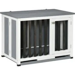 PawHut Cage Pour Chien Animaux Pliable Dim. 84L X 51l X 61H Cm Porte Verrouillable Toit Ouvrant Plateau Déjection Bois Sapin Gris Blanc Noir - Gris