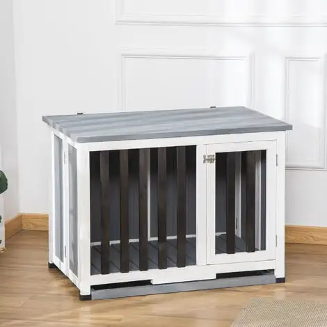 PawHut Cage Pour Chien Animaux Pliable Dim. 84L X 51l X 61H Cm Porte Verrouillable Toit Ouvrant Plateau Déjection Bois Sapin Gris Blanc Noir - Gris 2 PawHut Cage Pour Chien Animaux Pliable Dim. 84L X 51l X 61H Cm Porte Verrouillable Toit Ouvrant Plateau Déjection Bois Sapin Gris Blanc Noir - Gris – Image 2