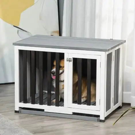 PawHut Cage Pour Chien Animaux Pliable Dim. 84L X 51l X 61H Cm Porte Verrouillable Toit Ouvrant Plateau Déjection Bois Sapin Gris Blanc Noir - Gris 4 PawHut Cage Pour Chien Animaux Pliable Dim. 84L X 51l X 61H Cm Porte Verrouillable Toit Ouvrant Plateau Déjection Bois Sapin Gris Blanc Noir - Gris – Image 4