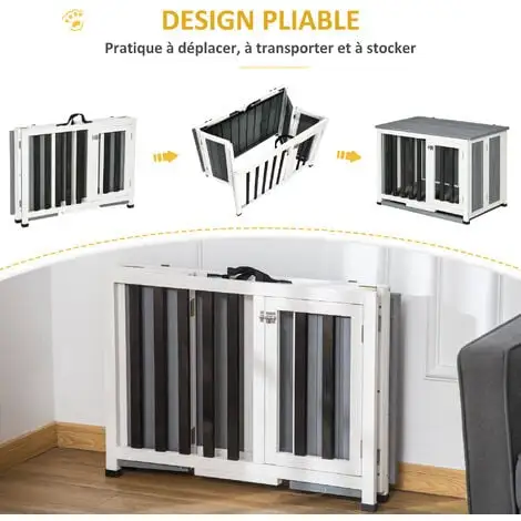 PawHut Cage Pour Chien Animaux Pliable Dim. 84L X 51l X 61H Cm Porte Verrouillable Toit Ouvrant Plateau Déjection Bois Sapin Gris Blanc Noir - Gris 5 PawHut Cage Pour Chien Animaux Pliable Dim. 84L X 51l X 61H Cm Porte Verrouillable Toit Ouvrant Plateau Déjection Bois Sapin Gris Blanc Noir - Gris – Image 5