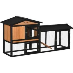 PawHut Clapier Cage à Lapins Rongeurs 2 Niveaux 3 Portes Verrouillables Tiroir à Déjection Toit Intégral Bitumé 175L X 52l X 85H Cm Bois Sapin Orangée Noir - Noir