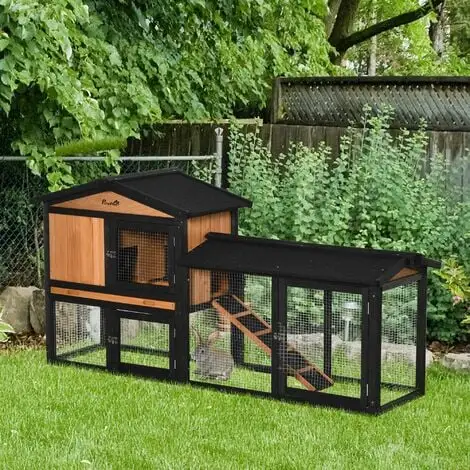 PawHut Clapier Cage à Lapins Rongeurs 2 Niveaux 3 Portes Verrouillables Tiroir à Déjection Toit Intégral Bitumé 175L X 52l X 85H Cm Bois Sapin Orangée Noir - Noir 2 PawHut Clapier Cage à Lapins Rongeurs 2 Niveaux 3 Portes Verrouillables Tiroir à Déjection Toit Intégral Bitumé 175L X 52l X 85H Cm Bois Sapin Orangée Noir - Noir – Image 2