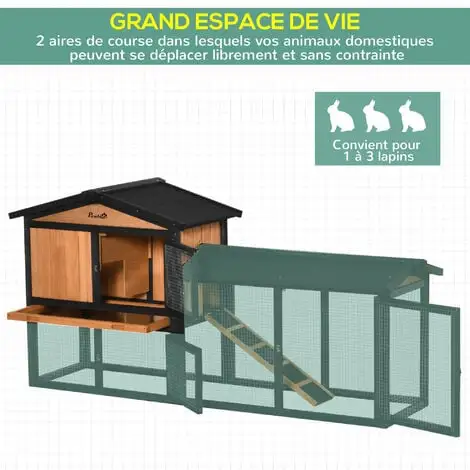 PawHut Clapier Cage à Lapins Rongeurs 2 Niveaux 3 Portes Verrouillables Tiroir à Déjection Toit Intégral Bitumé 175L X 52l X 85H Cm Bois Sapin Orangée Noir - Noir 4 PawHut Clapier Cage à Lapins Rongeurs 2 Niveaux 3 Portes Verrouillables Tiroir à Déjection Toit Intégral Bitumé 175L X 52l X 85H Cm Bois Sapin Orangée Noir - Noir – Image 4