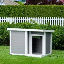 PawHut Niche Chien Style Cottage Dim. 102L X 70l X 73H Cm - Porte, Terrasse, Toit Ouvrant - Bois Composite Blanc Gris - Gris -PawHut Soldes Boutique 56481248 2