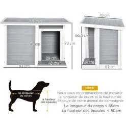 PawHut Niche Chien Style Cottage Dim. 102L X 70l X 73H Cm - Porte, Terrasse, Toit Ouvrant - Bois Composite Blanc Gris - Gris -PawHut Soldes Boutique 56481248 3