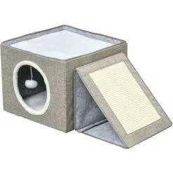 PawHut Maison Niche Pour Chat Pliable - 2 Coussins Moelleux, Boule Suspendue, Grattoir - Dim. 73 X 42 X 34 Cm - MDF Sisal Polyester Gris - Gris
