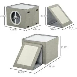 PawHut Maison Niche Pour Chat Pliable - 2 Coussins Moelleux, Boule Suspendue, Grattoir - Dim. 73 X 42 X 34 Cm - MDF Sisal Polyester Gris - Gris -PawHut Soldes Boutique 56481282 3