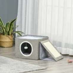 PawHut Maison Niche Pour Chat Pliable - 2 Coussins Moelleux, Boule Suspendue, Grattoir - Dim. 73 X 42 X 34 Cm - MDF Sisal Polyester Gris - Gris -PawHut Soldes Boutique 56481282 4