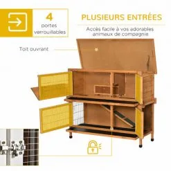 PawHut Clapier à Lapin Cage à Lapin 2 étages Trappe Séparation Amovible 4 Portes Verrouillables 2 Plateaux Déjection Rampe Toit Bitumé Sapin Pré-huilé -PawHut Soldes Boutique 56481288 5
