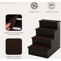 PawHut Escalier Pour Chien Animaux Rampe 4 Marches Revêtement Tapis Amovible Antidérapant MDF Brun Foncé - Brun -PawHut Soldes Boutique 56842157 5