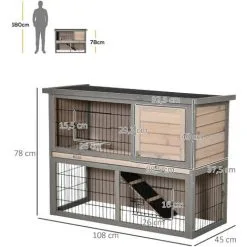 PawHut Clapier à Lapin Cage à Lapin 2 étages 3 Portes Verrouillables Plateau Coulissant Rampe Et Toit Ouvrant Bois De Sapin Gris -PawHut Soldes Boutique 56842170 3