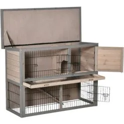 PawHut Clapier à Lapin Cage à Lapin 2 étages 3 Portes Verrouillables Plateau Coulissant Rampe Et Toit Ouvrant Bois De Sapin Gris -PawHut Soldes Boutique 56842170 4