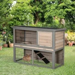 PawHut Clapier à Lapin Cage à Lapin 2 étages 3 Portes Verrouillables Plateau Coulissant Rampe Et Toit Ouvrant Bois De Sapin Gris -PawHut Soldes Boutique 56842170 5