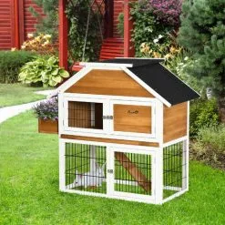 PawHut Clapier à Lapin Cage à Lapin 2 étages - 3 Portes Verrouillables, Plateau Excrément, Rampe, Jardinière - Dim. 123L X 58l X 106H Cm - Sapin Métal -PawHut Soldes Boutique 56842178 4