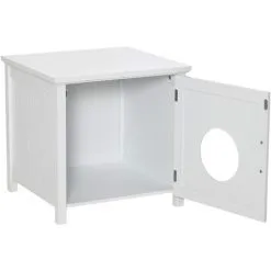 PawHut Maison De Toilette Pour Chat Sur Pied Design Rainuré Porte Entrée Poignée Métal MDF Blanc - Blanc -PawHut Soldes Boutique 57125683 4