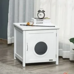 PawHut Maison De Toilette Pour Chat Sur Pied Design Rainuré Porte Entrée Poignée Métal MDF Blanc - Blanc -PawHut Soldes Boutique 57125683 5