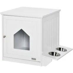 PawHut Maison De Toilette Pour Chat Design Porte Forme Maisonnette - Porte 2 Gamelles Intégré - Dim. 64L X 51l X 51,8H Cm - MDF Blanc