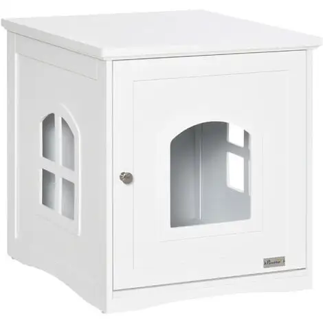PawHut Maison De Toilette Pour Chat Design Maisonnette Avec Porte, Fenêtres - Dim. 48,7L X 53,3l X 53H Cm - MDF Blanc - Blanc 1 PawHut Maison De Toilette Pour Chat Design Maisonnette Avec Porte, Fenêtres - Dim. 48,7L X 53,3l X 53H Cm - MDF Blanc - Blanc