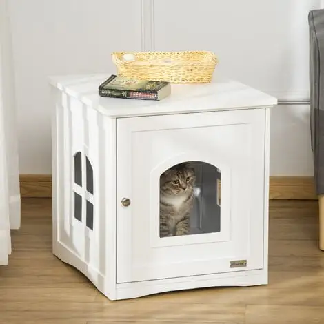 PawHut Maison De Toilette Pour Chat Design Maisonnette Avec Porte, Fenêtres - Dim. 48,7L X 53,3l X 53H Cm - MDF Blanc - Blanc 2 PawHut Maison De Toilette Pour Chat Design Maisonnette Avec Porte, Fenêtres - Dim. 48,7L X 53,3l X 53H Cm - MDF Blanc - Blanc – Image 2