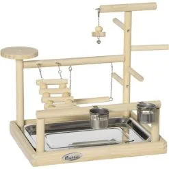 PawHut Aire De Jeu Perchoir Pour Perroquets, Perruches - Passerelle, Grelot, Balançoire, 2 Bols, Plateau Excrément - Acier Inox. Bois De Pin - Beige