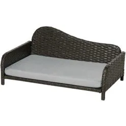 PawHut Canapé Méridienne Chien Chat Style Cosy Chic - Usage Intérieur/extérieur - Coussin Déhoussable Inclus Résine Tressée Gris - Gris
