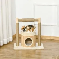 PawHut Arbre à Chat Griffoirs Grattoirs Jute Jeu Boules Suspendues Plateforme Ronde Niche - Dim. 60L X 40l X 60H Cm - Panneaux Particules Pin Bambou - Beige -PawHut Soldes Boutique 58393153 2