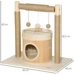 PawHut Arbre à Chat Griffoirs Grattoirs Jute Jeu Boules Suspendues Plateforme Ronde Niche - Dim. 60L X 40l X 60H Cm - Panneaux Particules Pin Bambou - Beige -PawHut Soldes Boutique 58393153 3