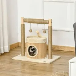 PawHut Arbre à Chat Griffoirs Grattoirs Jute Jeu Boules Suspendues Plateforme Ronde Niche - Dim. 60L X 40l X 60H Cm - Panneaux Particules Pin Bambou - Beige -PawHut Soldes Boutique 58393153 4