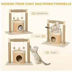PawHut Arbre à Chat Griffoirs Grattoirs Jute Jeu Boules Suspendues Plateforme Ronde Niche - Dim. 60L X 40l X 60H Cm - Panneaux Particules Pin Bambou - Beige -PawHut Soldes Boutique 58393153 5