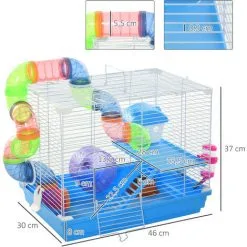 PawHut Cage à Hamster Rongeur 2 Niveaux Avec Tunnel, Biberon Eau, Roue, Maisonnette, échelles - Dim. 46L X 30l X 37H Cm - Métal Blanc PP Bleu - Bleu -PawHut Soldes Boutique 58393157 3