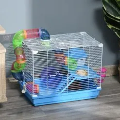 PawHut Cage à Hamster Rongeur 2 Niveaux Avec Tunnel, Biberon Eau, Roue, Maisonnette, échelles - Dim. 46L X 30l X 37H Cm - Métal Blanc PP Bleu - Bleu -PawHut Soldes Boutique 58393157 4