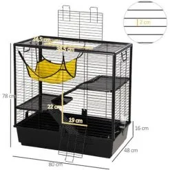 PawHut Cage Petits Rongeurs Rats Furets 3 Niveaux Avec Abreuvoir, Hamac, 2 Rampes - Dim. 80L X 48l X 78H Cm - Acier Alliage Alu. PP Noir - Noir -PawHut Soldes Boutique 58393160 3