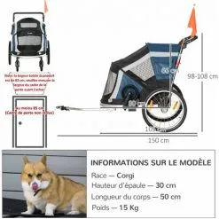 PawHut Remorque Vélo Jogger 2 En 1 Pour Animaux Drapeau Roues Avants Pivotantes Réflecteurs Et Barre D'attelage Inclus Bleu Noir -PawHut Soldes Boutique 60072252 3