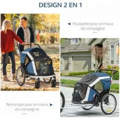 PawHut Remorque Vélo Jogger 2 En 1 Pour Animaux Drapeau Roues Avants Pivotantes Réflecteurs Et Barre D'attelage Inclus Bleu Noir -PawHut Soldes Boutique 60072252 5