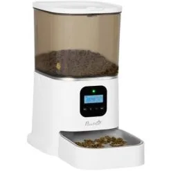 PawHut Distributeur De Croquettes Chat Chien Automatique Programmable - Gamelle 4 Repas, Réservoir 6 L Inclus - Enregistreur Vocal - Acier Inox. ABS Blanc - Blanc