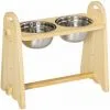 PawHut Gamelle Double Chien Chat - Porte-gamelles Surélevé - Hauteur, Inclinaison Réglables - 2 Gamelles Acier Inox. Incluses Bois Pin - Beige
