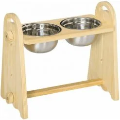 PawHut Gamelle Double Chien Chat - Porte-gamelles Surélevé - Hauteur, Inclinaison Réglables - 2 Gamelles Acier Inox. Incluses Bois Pin - Beige
