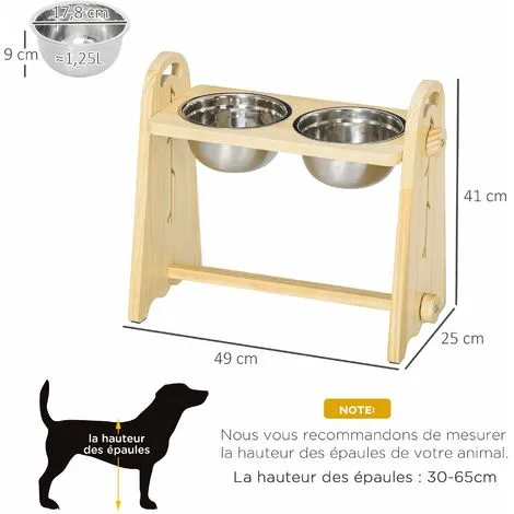 PawHut Gamelle Double Chien Chat - Porte-gamelles Surélevé - Hauteur, Inclinaison Réglables - 2 Gamelles Acier Inox. Incluses Bois Pin - Beige 3 PawHut Gamelle Double Chien Chat - Porte-gamelles Surélevé - Hauteur, Inclinaison Réglables - 2 Gamelles Acier Inox. Incluses Bois Pin - Beige – Image 3