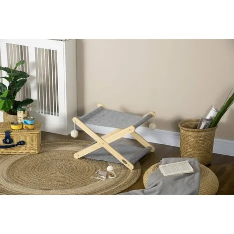 PawHut Lit Pliable Pour Chat - Hamac Chat 2 Niveaux - Jeu 2 Boules Suspendues - Bois De Pin Feutre Gris - Gris 2 PawHut Lit Pliable Pour Chat - Hamac Chat 2 Niveaux - Jeu 2 Boules Suspendues - Bois De Pin Feutre Gris - Gris – Image 2