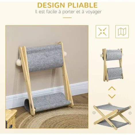 PawHut Lit Pliable Pour Chat - Hamac Chat 2 Niveaux - Jeu 2 Boules Suspendues - Bois De Pin Feutre Gris - Gris 5 PawHut Lit Pliable Pour Chat - Hamac Chat 2 Niveaux - Jeu 2 Boules Suspendues - Bois De Pin Feutre Gris - Gris – Image 5