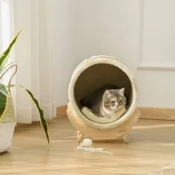 PawHut Maison Pour Chat Design - Niche Chat Panier Chat - Coussin, Grattoir Sisal Jonc De Mer Naturel Inclus - Bois Flanelle Beige - Beige -PawHut Soldes Boutique 63842204 2