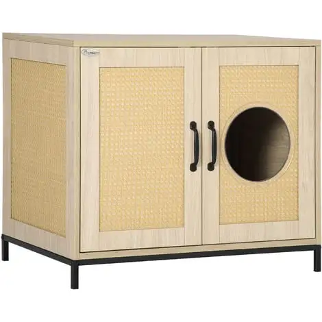 PawHut Meuble Maison De Toilette Pour Chat 2 En 1 Avec Double Porte Châssis Acier Panneaux Particules Aspect Bois Clair - Beige 1 PawHut Meuble Maison De Toilette Pour Chat 2 En 1 Avec Double Porte Châssis Acier Panneaux Particules Aspect Bois Clair - Beige